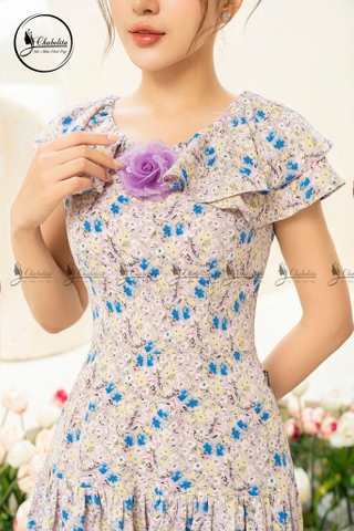 Đầm hoa sát nách đính hoa ngực màu tím