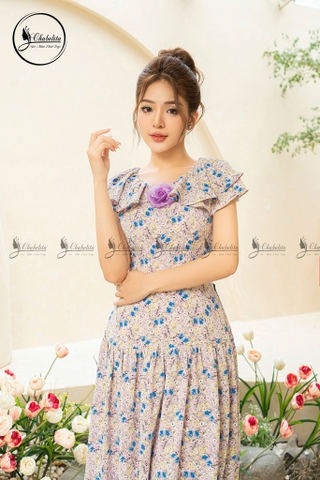 Đầm hoa sát nách đính hoa ngực màu tím