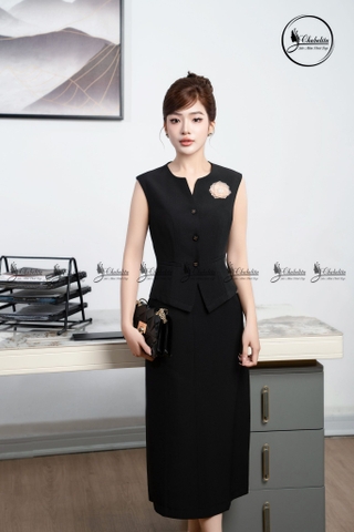 Sét bộ gile đính hoa ngực kèm chân váy màu đen