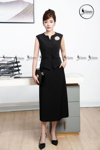 Sét bộ gile đính hoa ngực kèm chân váy màu đen