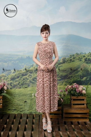 Đầm sát nách họa tiết phối dây chéo eo màu hồng