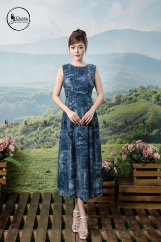 Đầm sát nách họa tiết phối dây chéo eo màu xanh