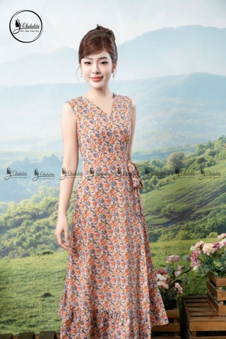 Đầm hoa xòe cổ tim sát nách eo phối nơ màu cam