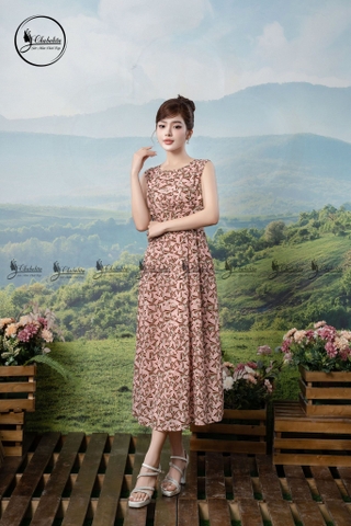 Đầm sát nách họa tiết phối dây chéo eo màu hồng