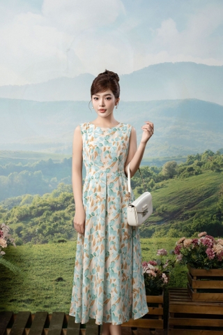 Đầm hoa xòe sát nách cổ tròn màu xanh