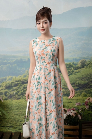Đầm hoa xòe sát nách cổ tròn màu hổng