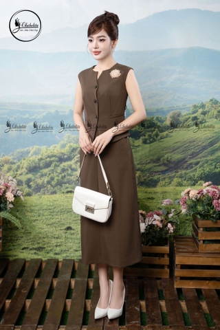 Sét bộ gile đính hoa ngực kèm chân váy màu nâu