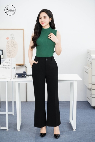 Quần ống vẩy trang trí cạp màu nâu