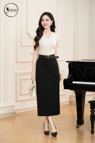 Chân váy dáng A kèm đai màu đen