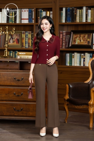 Quần ống vẩy trang trí cạp màu nâu