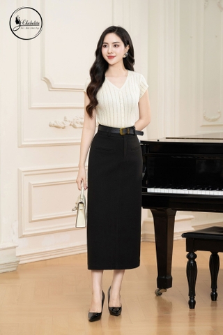 Chân váy dáng A kèm đai màu đen