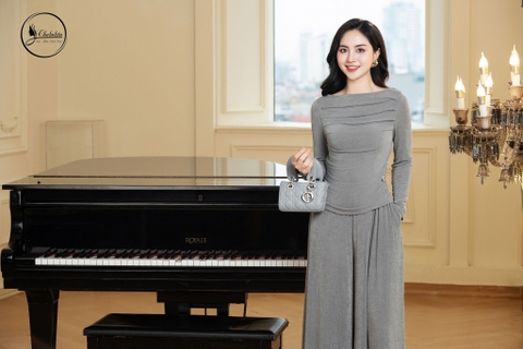 Sét bộ áo nhún eo phối quần màu ghi