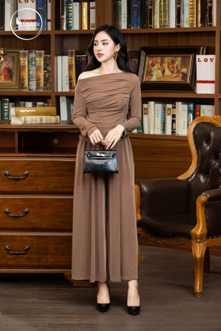 Sét bộ áo nhún eo phối quần màu nâu