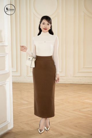 Chân váy dạ dáng A túi chéo màu nâu