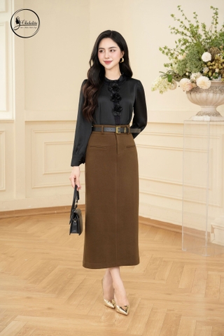 Chân váy dáng A kèm đai màu nâu