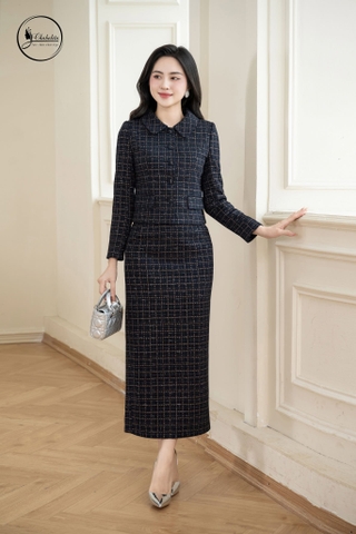 Sét bộ dạ áo ký giả kèm chân váy màu xanh