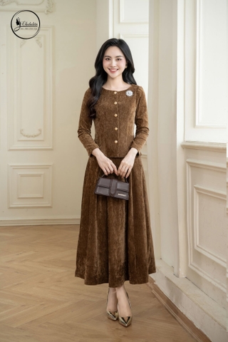 Sét bộ áo ký giả cổ tròn kèm chân váy màu nâu