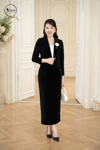 Chân váy dạ dáng A túi chéo màu đen da cá