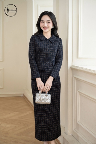 Sét bộ dạ áo ký giả kèm chân váy màu xanh