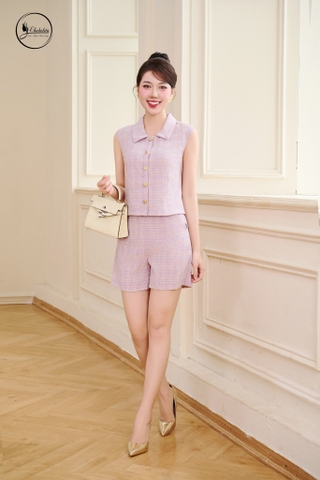 Sét bộ áo sát nách phối quần short kẻ tím