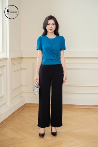 Áo sơ mi rúm eo màu xanh