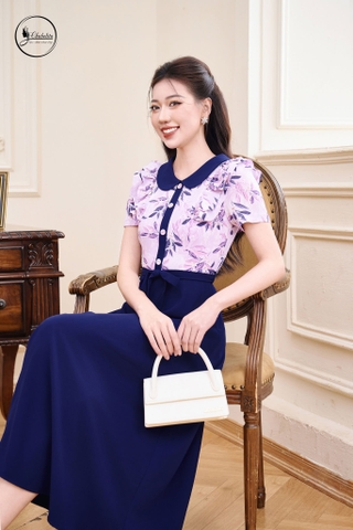 Đầm hoa phối cổ sen màu tím
