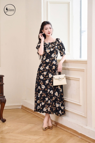 Đầm hoa xòe tay lỡ cổ đính hoa màu đen
