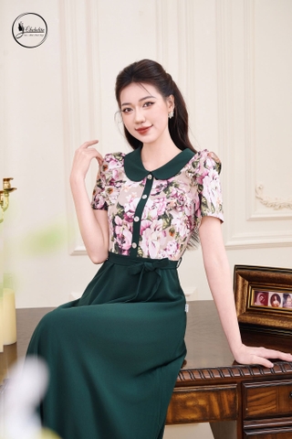 Đầm hoa phối cổ sen màu xanh