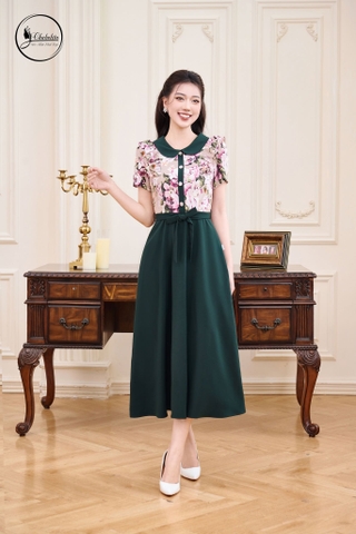 Đầm hoa phối cổ sen màu xanh