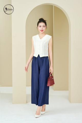 Quần bò suông cạp chun màu tím than