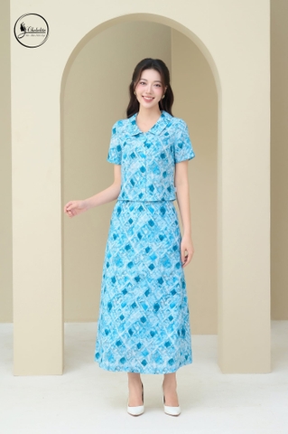 Sét bộ hoa áo sơ mi phối chân váy màu xanh