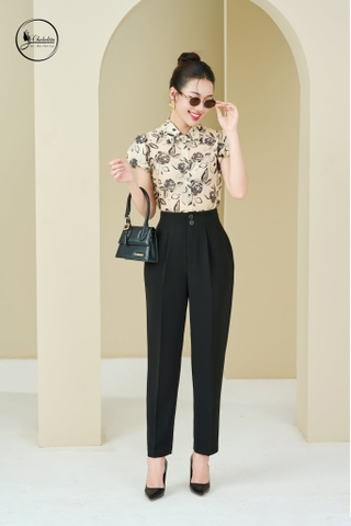 Áo sơ mi cổ đức phối bèo hoa đen