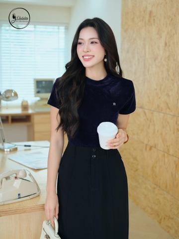 Áo nhung cổ 3 phân màu xanh than