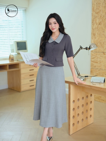 Sét bộ áo tay lỡ cổ phối màu ghi đậm