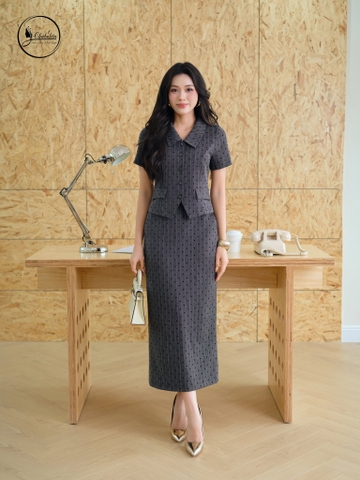 Sét bộ áo sơ mi phối chân váy màu ghi chì