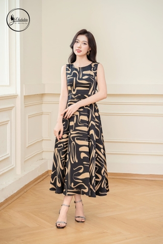 Đầm xòe sát nách họa tiết nâu