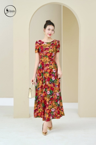 Đầm xòe tay cộc họa tiết hoa đỏ