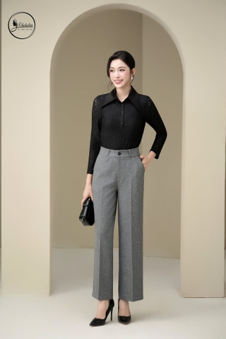 Áo ren dài tay phối cổ nhọn màu đen