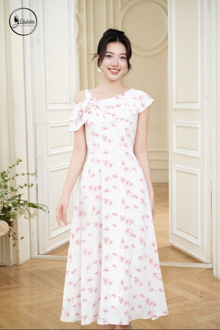 Đầm sát nách cổ tròn phối bèo hoa hồng