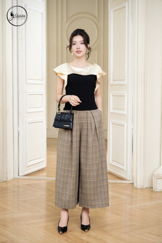 Quần ống giả váy khóa sườn kẻ nâu