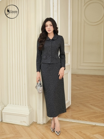 Sét bộ áo vest cổ sen dài tay màu chì