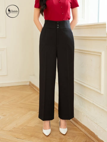 Quần suông cạp cao 3 khuy màu đen