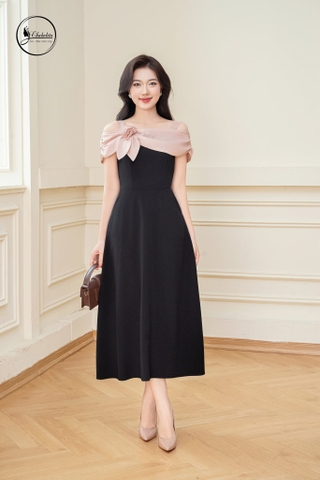 Đầm xòe trễ vai phối màu nâu