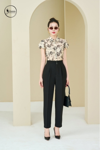 Áo sơ mi cổ đức phối bèo hoa đen