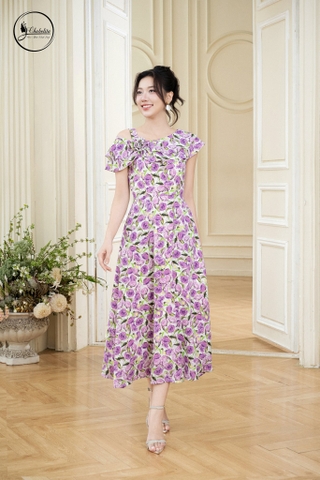 Đầm sát nách cổ tròn phối bèo hoa tím