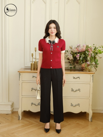 Áo len cổ phối màu đỏ