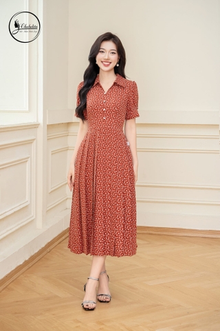 Đầm hoa cổ bẻ màu cam