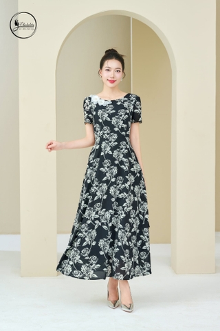 Đầm xòe tay cộc họa tiết hoa đen