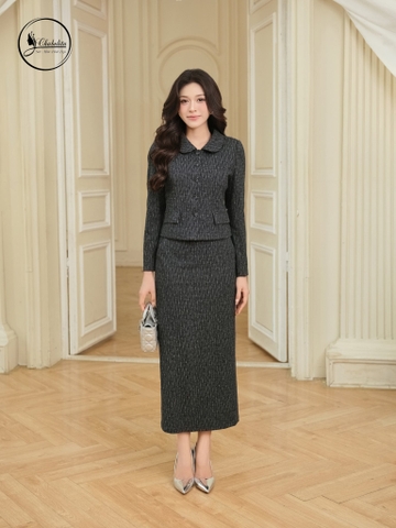 Sét bộ áo vest cổ sen dài tay màu chì