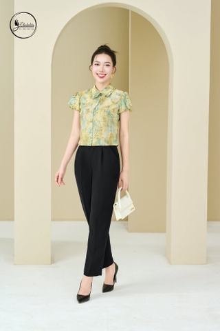 Áo sơ mi cổ đức phối bèo hoa xanh cốm